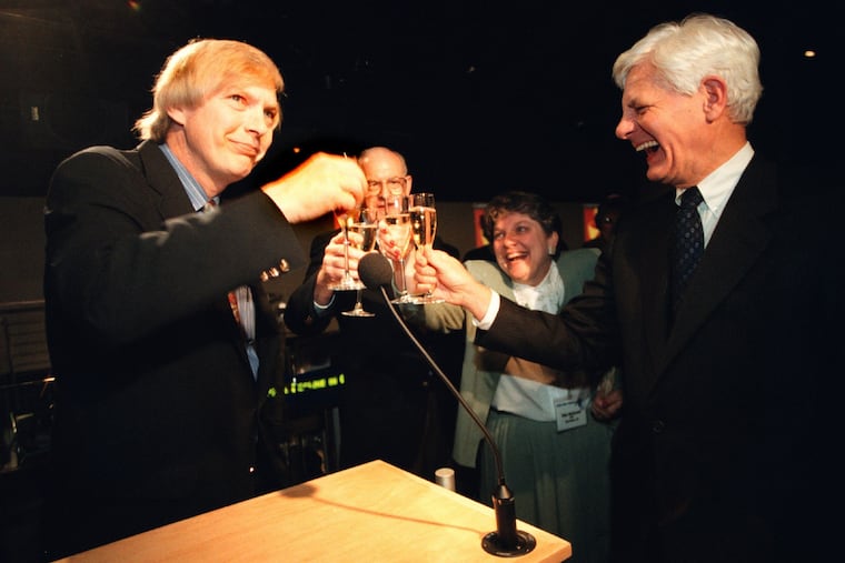 Mr. Klose, right, toasts 20 years of “Morning Edition” with staffers Bob Edwards, Carl Kasell and Ellen McDonnell during a 1999 event at the Newseum. (Juana Arias/The Washington Post)