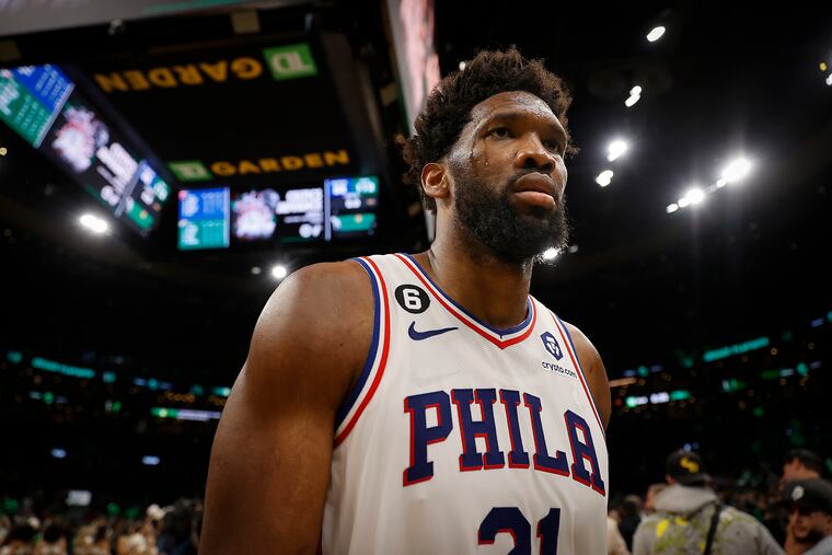 Philadelphia 76ers center Joel Embiid walks off the court after their loss to the Boston Celtics in Game 7 of the NBA Eastern Conference semifinals.