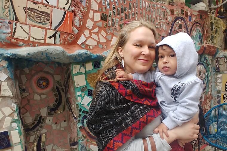 Natalie Jesionka with son Asher at Philadelphia's Magic Gardens.