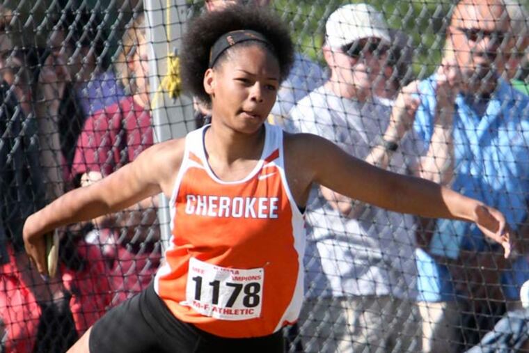 Cherokee Jess Woodard won the girls discus with a throw of 163' 4" at
the 2013 NJSIAA Track and Field Meet of Champions at South Plainfield
High School, June 5, 2013. (David M Warren/Staff Photographer)