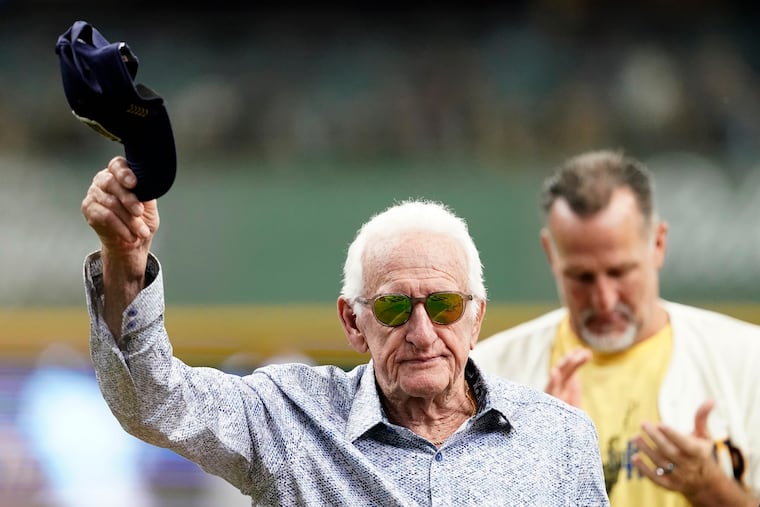 Brewers radio announcer Bob Uecker tips his cap before a game in Milwaukee on July 28, 2024.