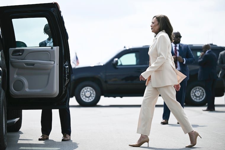 Vice President Kamala Harris arrives at Indianapolis International Airport Wednesday. Harris is in Indianapolis to give a keynote speech at Zeta Phi Beta Sorority, Inc.'s Grand Boule event.