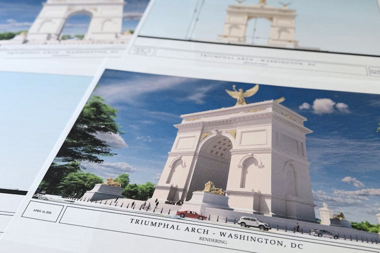 Artist renderings and diagrams for President Donald Trump's new triumphal arch released by the U.S. Commission on Fine Arts that is planned to be built in Washington between the Lincoln Memorial and Arlington National Cemetery, are photographed Friday, April 10, 2026. (AP Photo/Jon Elswick)