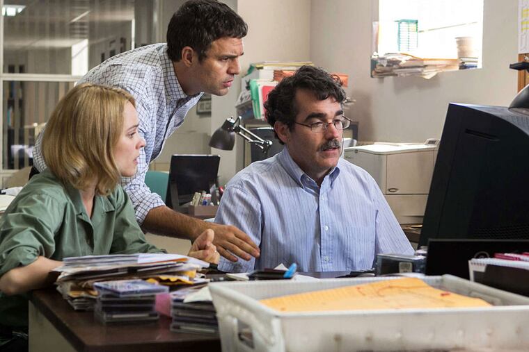 Rachel McAdams, from left, as Sacha Pfeiffer, Mark Ruffalo as Michael Rezendes and Brian díArcy James as Matt Carroll, in a scene from the film, "Spotlight."