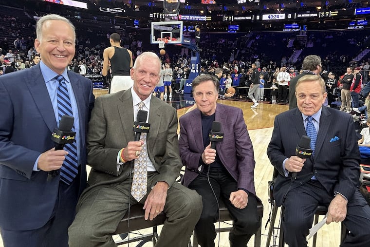 NBC assembled broadcast veterans (From left to right) Jim Gray, Doug Collins, Bob Costas, and Mike Fratello to call Sixers-Spurs Tuesday night.