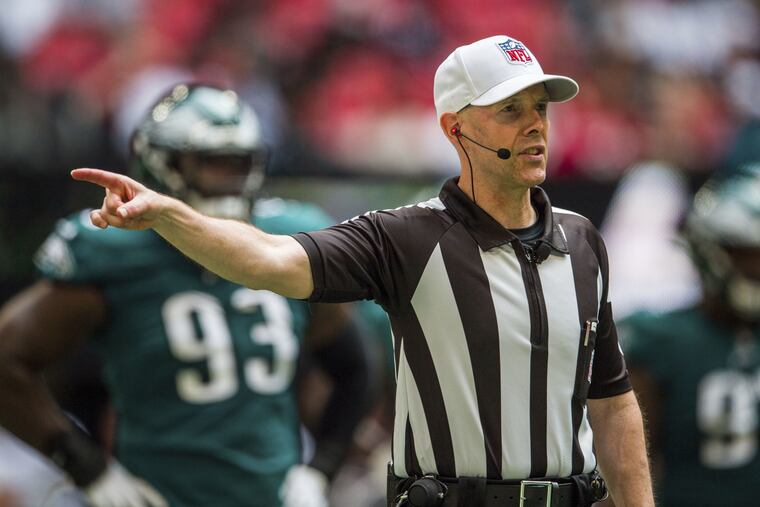 Referee Scott Novak announces a penalty during the Eagles Week 1 win over the Atlanta Falcons.