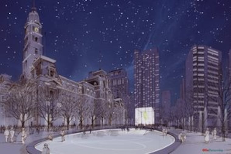 The Center City District's new master plan for Center City calls for the granite plaza in front of City Hall to become a public park with an outdoor skating rink, a large grassy lawn, and cafes.