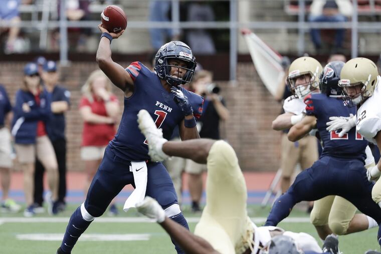 Penn quarterback Ryan Glover throws the football during the second-quarter against Lehigh on Saturday, September 22, 2018 in Philadelphia. YONG KIM / Staff Photographer
