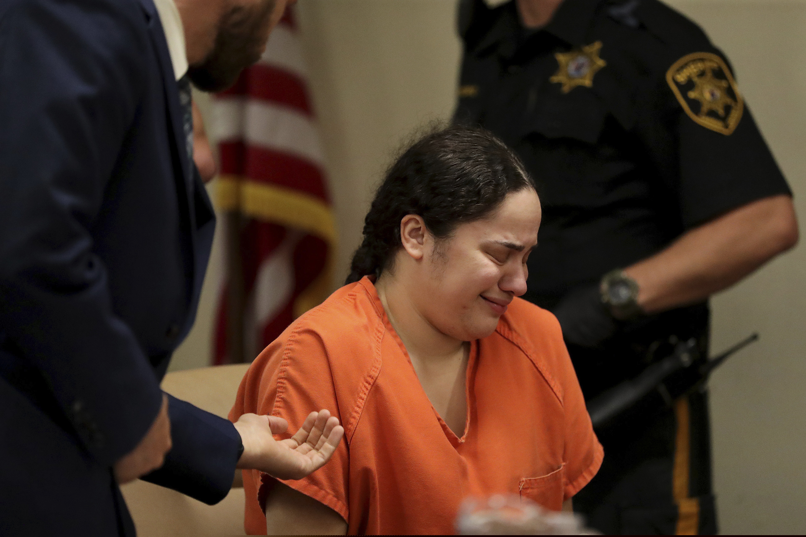 Amanda Ramirez cries during a pretrial detention hearing, Thursday, June 27, 2019, in Camden. Ramirez is charged with aggravated manslaughter in the death of her identical twin sister, Anna.