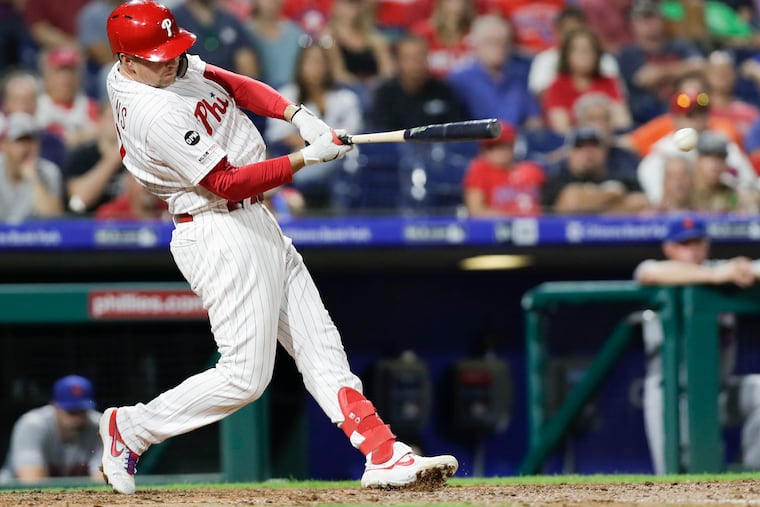 Phillies first baseman Rhys Hoskins has gone hitless in his last 21 at-bats to lower his season batting average to .230.