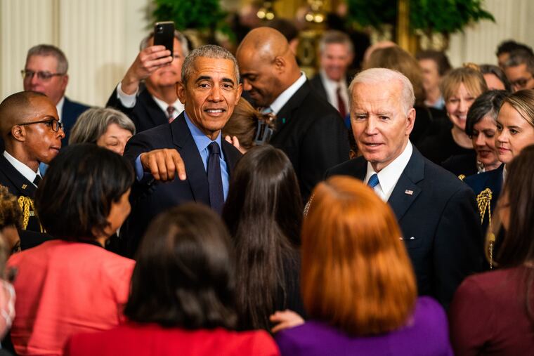 President Joe Biden and former president Barack Obama at the White House in April after an event celebrating the Affordable Care Act.