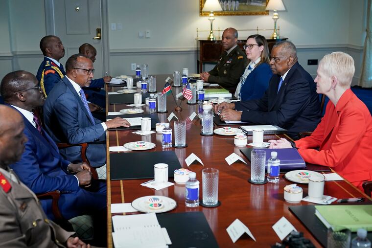 Kenya's Defense Minister Aden Duale, center left, speaks during a meeting with Defense Secretary Lloyd Austin, center right, at the Pentagon in Washington last week.