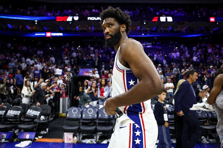 Sixers center Joel Embiid leaves the court after Game 4 at Xfinity Mobile Arena on Sunday, May 10, 2026 in Philadelphia.