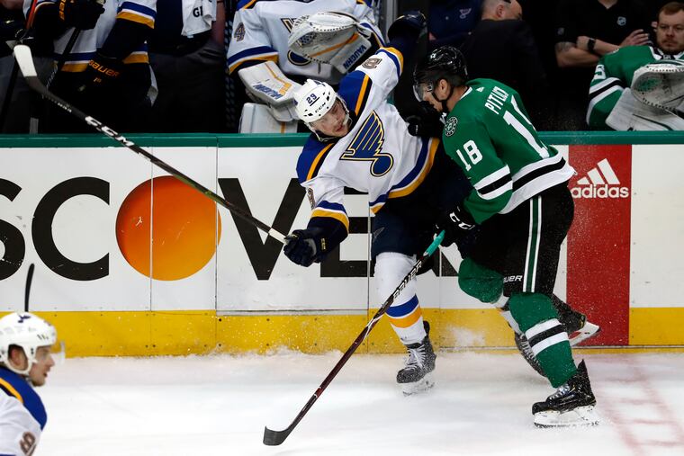 Tyler Pitick (right), playing a playoff game for Dallas last season, will make his Flyers debut Friday.