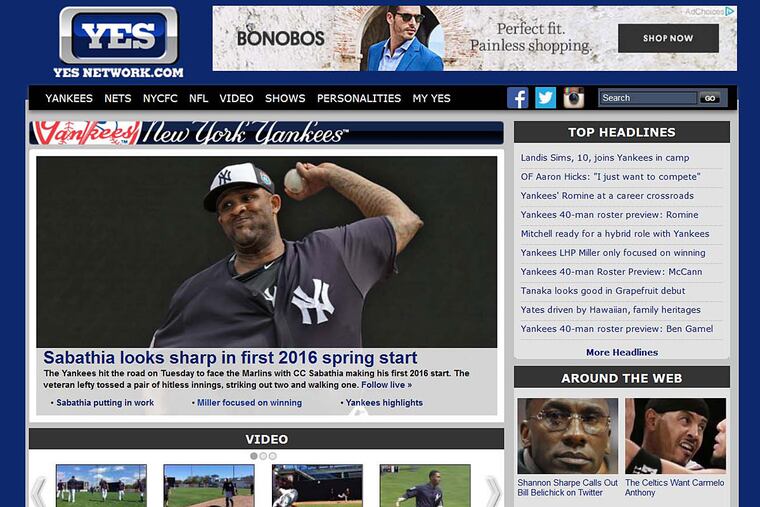 The Yankees page on the website for the YES Network, which Comcast dropped from its offerings in November, saying viewership was weak.