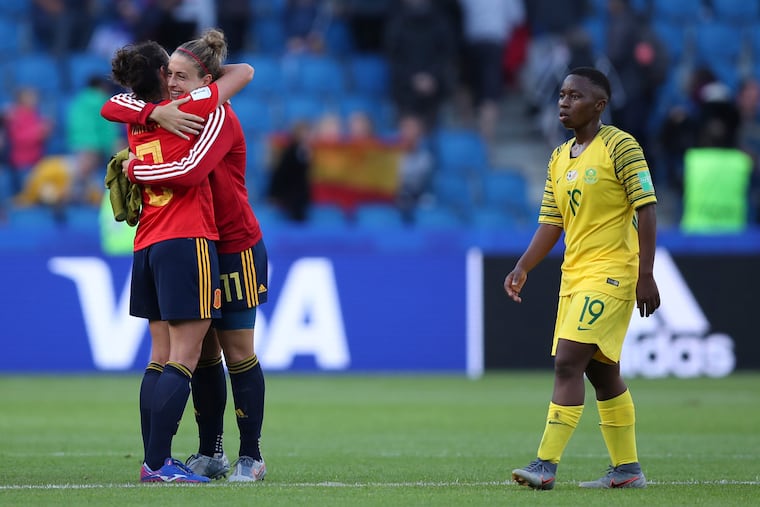 Spain won a game at the Women's World Cup for the first time, beating South Africa 3-1 on Saturday behind two penalty kicks by Jennifer Hermoso.