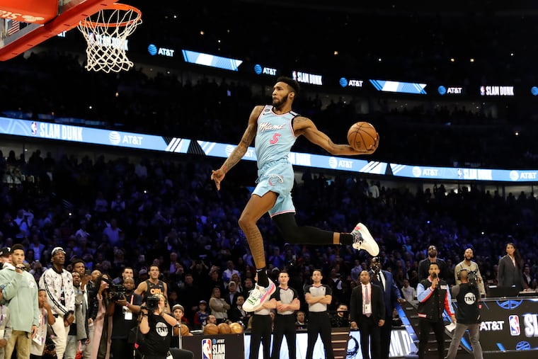 Miami Heat's Derrick Jones Jr. heads to the basket during the NBA All-Star slam dunk contest in Chicago.