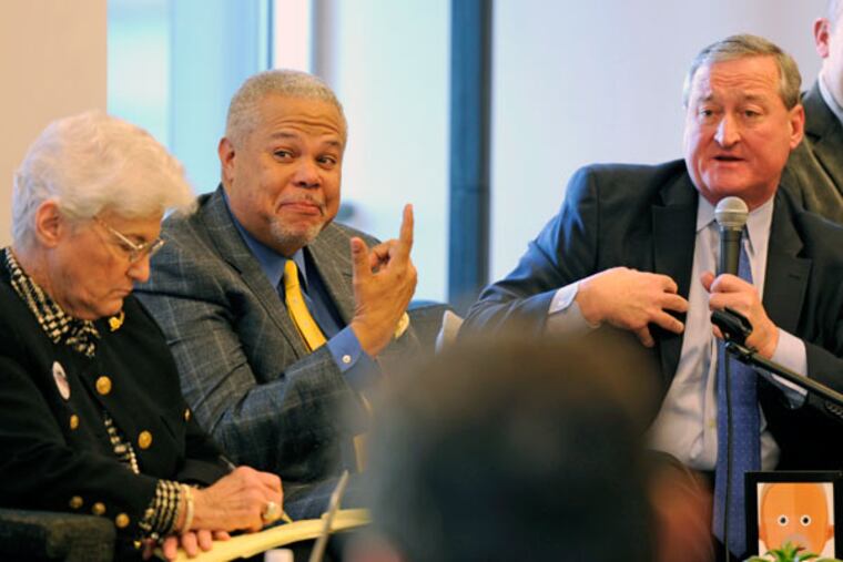 At a campaign event, candidates (from left) Lynne M. Abraham, Anthony H. Williams, and Jim Kenney field questions. The poll results come as the candidates ramp up television advertising. (TOM GRALISH / Staff Photographer)