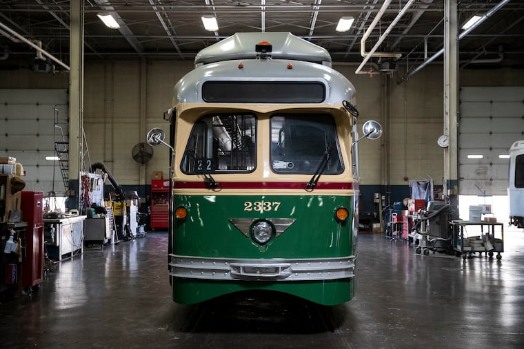 A restored 1947 trolley at the SEPTA Woodland Shop in 2022.