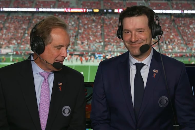 CBS NFL announcers Jim Nantz (left) and Tony Romo.