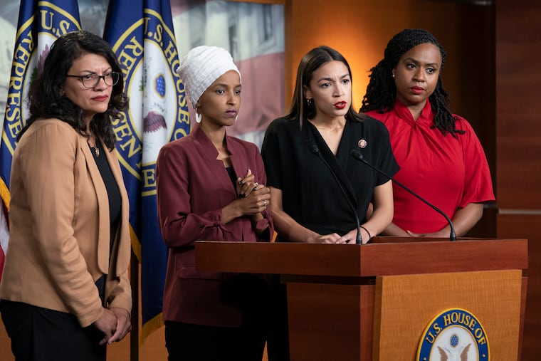 (From left) Rep. Rashida Tlaib, D-Mich.; Rep. Ilhan Omar, D-Minn.; Rep. Alexandria Ocasio-Cortez, D-N.Y.; and Rep. Ayanna Pressley, D-Mass., respond to remarks by President Donald Trump after his call for the four Democratic congresswomen to go back to their "broken" countries.