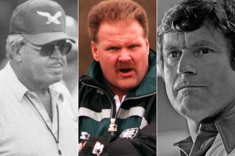 Former Eagles coaches Buddy Ryan (left), Andy Reid (center), and Dick Vermeil. (Jerry Lodriguss/Staff file photo) (AP photos)