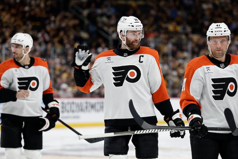 The Flyers' fourth line of Sean Couturier (center), Luke Glendening (right) and Garnet Hathaway has been huge in the playoffs to date.