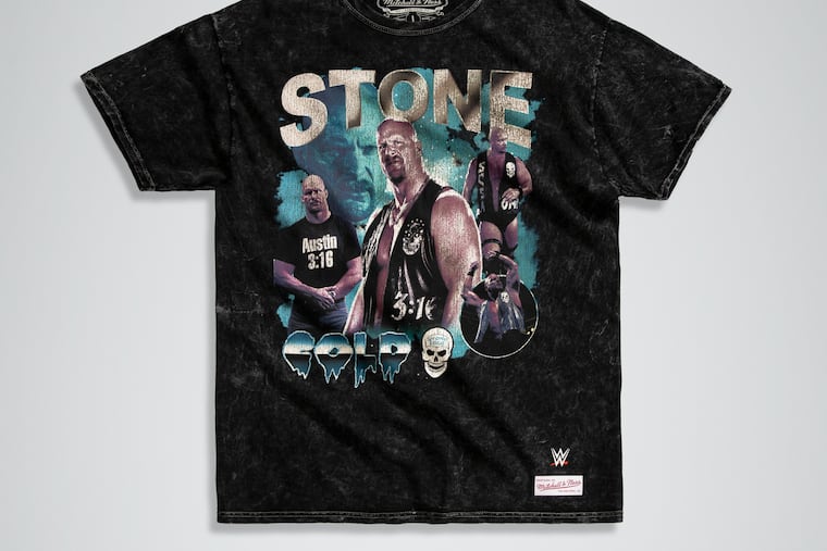 Stone Cold Steve Austin T-shirt at Mitchell & Ness in Center City for WrestleMania 40.