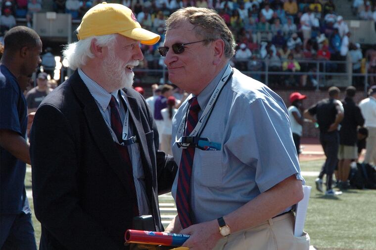 Former Penn Relays public address announcer and statistician Bob Hersh with former Penn Relays director Dave Johnson (left) at the 2009 meet at Franklin Field.
