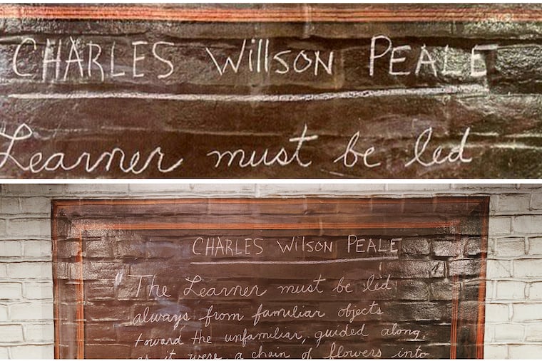 Philadelphia artist Tom Judd went to SEPTA's 5th Street / Independence Hall subway station on Jan. 25 to correct the misspelling of Charles Willson Peale's middle name in the mural "Portal to Discovery." Peale was considered the artist of the American Revolution. He was also a co-founder of the Philadelphia Academy of the Fine Arts. Bottom photo: The mural before it was corrected.