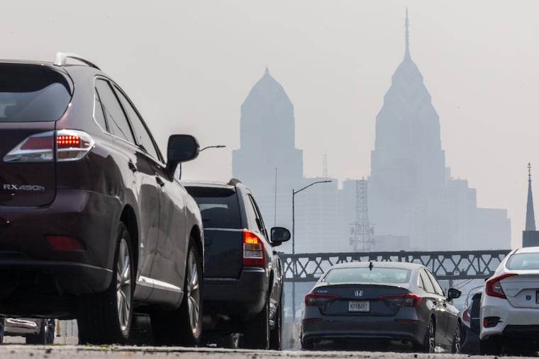 Haze covers the Center City skyline Friday as smoke from Canadian wildfires blankets Greater Philadelphia.