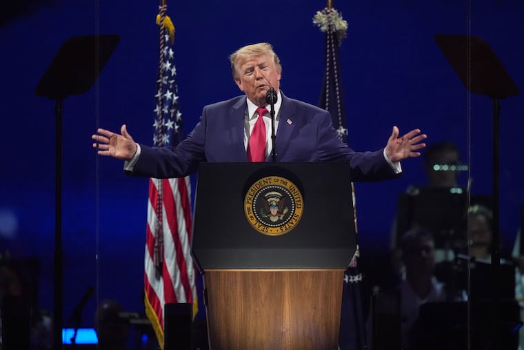 President Donald Trump speaks at Salute to America, an Independence Day event honoring the nation's 250th anniversary, on Saturday on the National Mall in Washington.