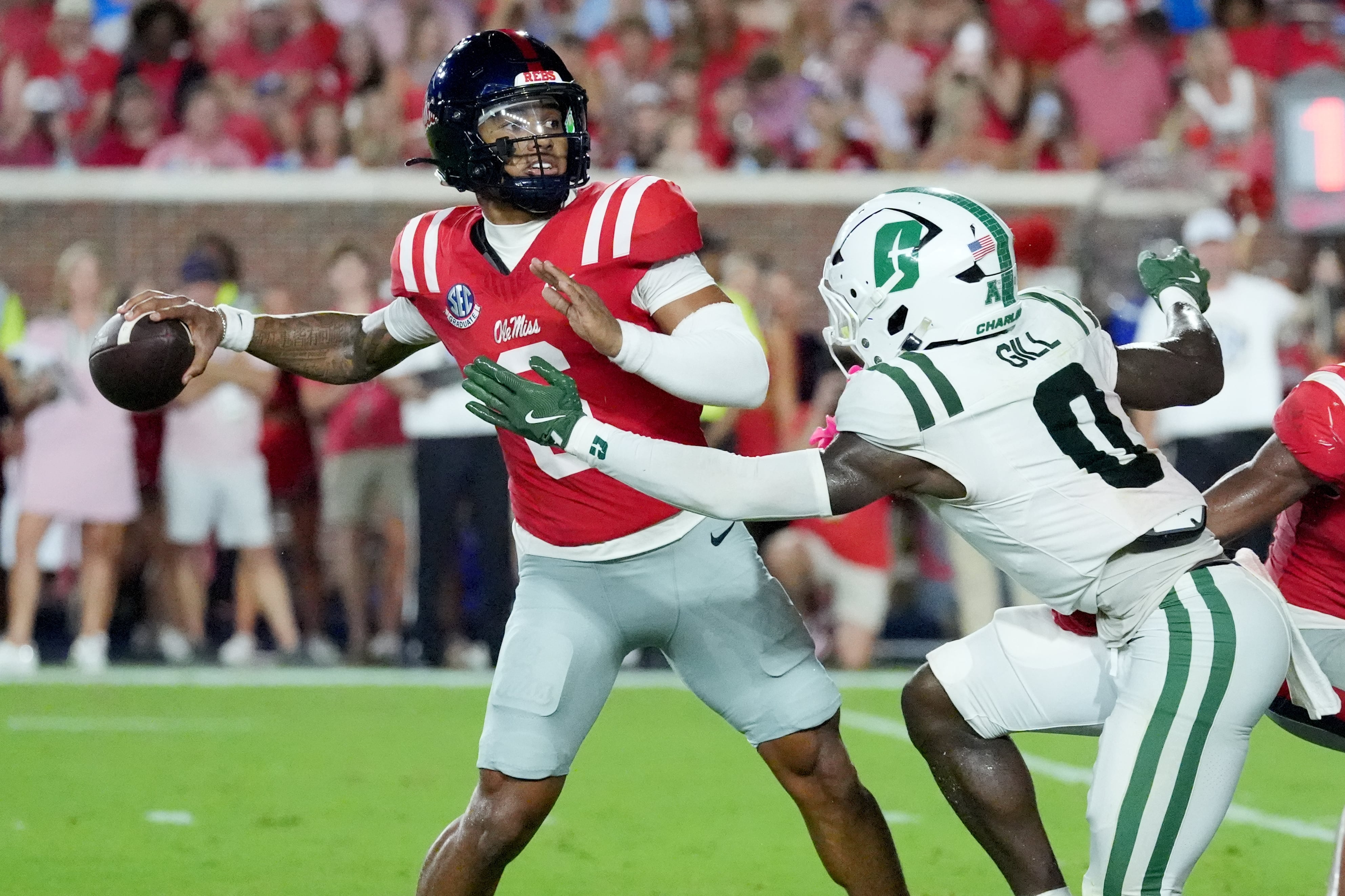 No. 9 Ole Miss rolls past Charlotte 41-9 behind Trinidad Chambliss’ 2 TD passes