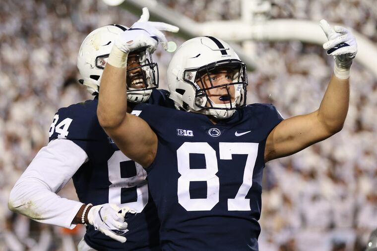 Penn State tight end Pat Freiermuth (87) celebrates after Freiermuth scoring in the fourth quarter against Ohio State on Saturday. The Nittany Lions didn't win the game, but they did cover.