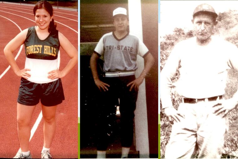B. Rose Huber; her father, Joseph Raymond Huber (center); and her grandfather, Joseph Richard Huber, strike a similar pose, proving that some things come naturally, like their family's love of baseball.