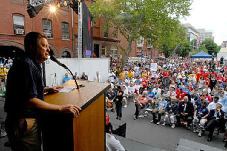 Charles Wowkanech, president of the New Jersey AFL-CIO, addresses the crowd. Democrats do not have the required two-thirds majority in each house to override Gov. Christie's veto. (April Saul / Staff)