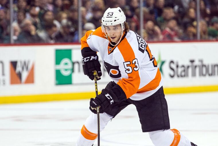 Philadelphia Flyers defenseman Shayne Gostisbehere (53) carries the puck during the first period against the Minnesota Wild at Xcel Energy Center.