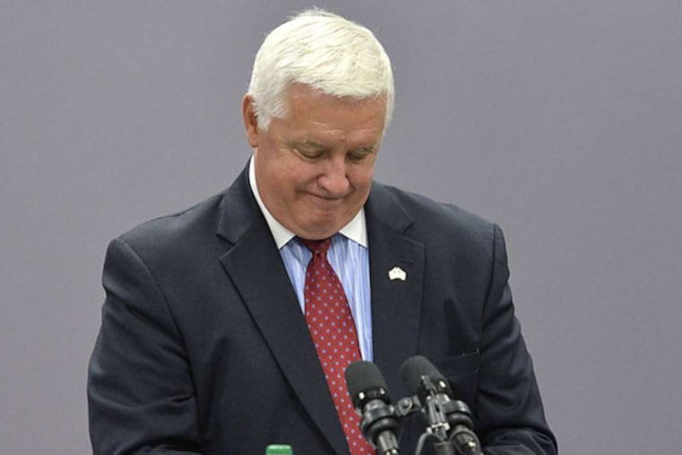 Gov. Corbett silences his phone during a speech in Erie yesterday. He likewise declined a call from union president Wendell Young IV. (ASSOCIATED PRESS)