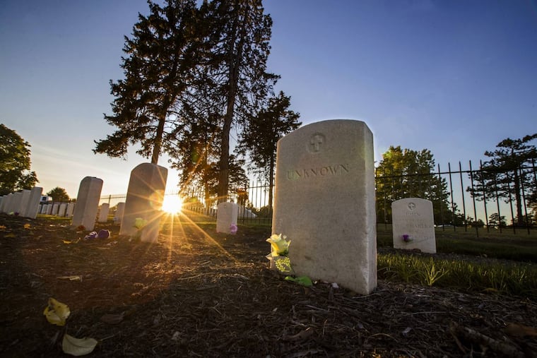 One of the unknown graves, in foreground, in the Indian Cemetery at the Carlisle Barracks, once home to the Carlisle Indian School. When the cemetery was moved a number of the occupants of graves became unknown. There are 192 graves of students that died while attending school.