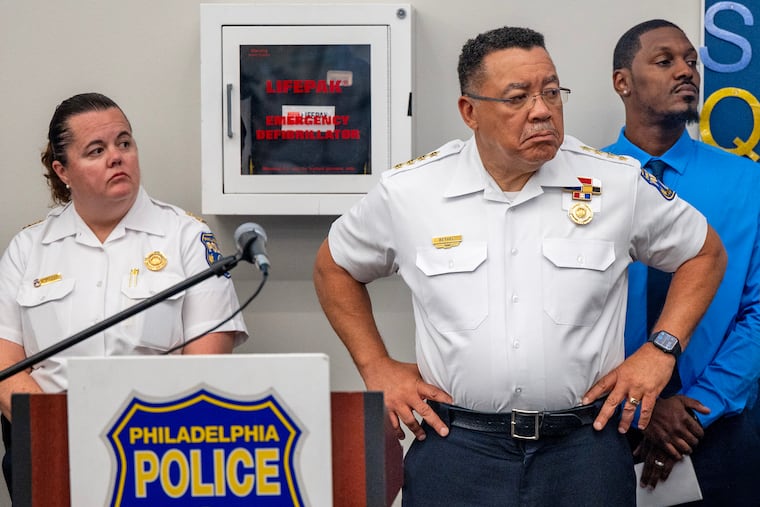Police Commissioner Kevin Bethel (center) at Police Headquarters in August 2024.
