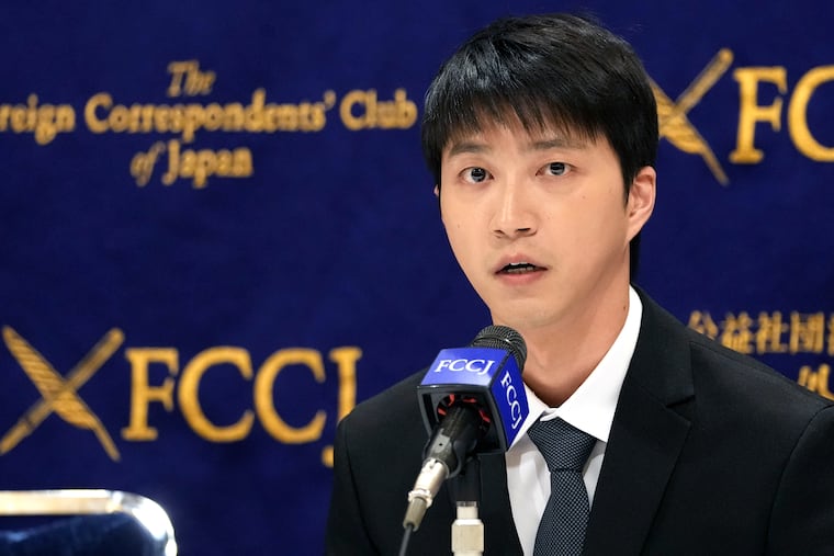 Taiwanese table tennis player Chiang Hung-chieh, former husband of Ai Fukuhara, Japanese table tennis star, speaks during a news conference at the Foreign Correspondents' Club of Japan (FCCJ) in Tokyo, Japan, on Thursday.