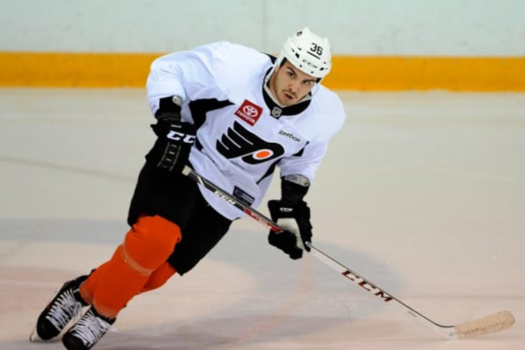 Flyers left wing Zac Rinaldo participates in the NHL hockey team's training camp in Lake Placid, N.Y., on Thursday, Sept. 19, 2013. (John DiGiacomo/AP)