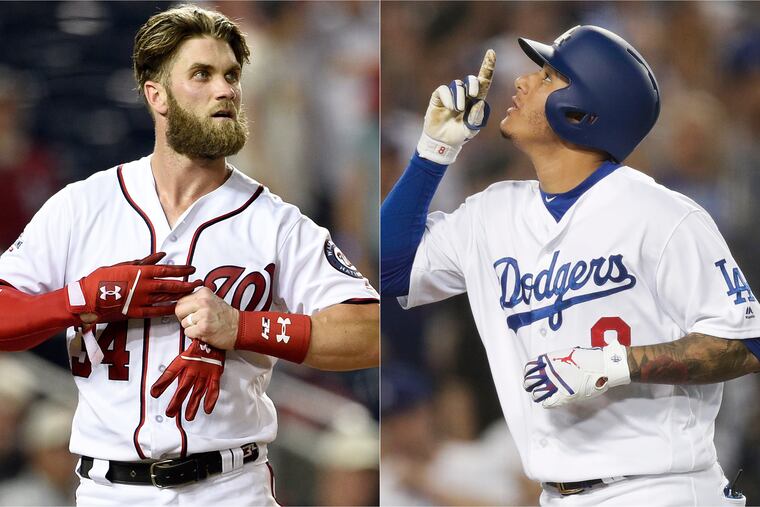Washington Nationals star Bryce Harper (left) and Los Angeles Dodgers star Manny Machado (right) are likely to be free agent targets for the Phillies this winter.