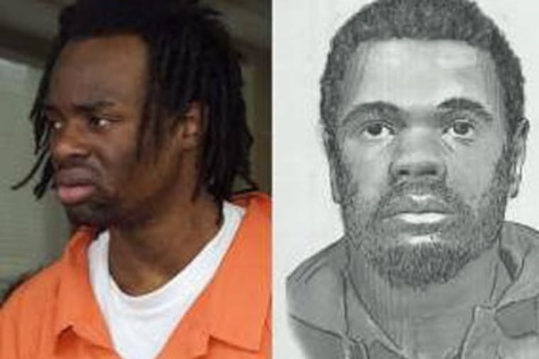 At left, Domenique Thomas Wilson arriving at court in Lock Haven, Pa., on Wednesday. Wilson is accused of holding three Lock Haven University students captive on Feb. 1, and sexually assaulting two of them. At right, a police sketch of a man who allegedly held two women captive and sexually assaulted one of them on Dec. 19 in Philadelphia.