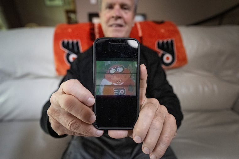 Dennis Boyle poses for a photo at his home in Cherry Hill, N.J., on Wednesday. He was the original mascot for the Flyers during the 1978–79 season.