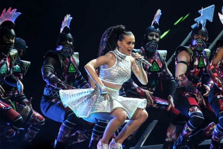 Katy Perry performing at the Wells Fargo Center on Monday night. The singer-songwriter is known for hits such as "I Kissed a Girl" and "Dark Horse."
