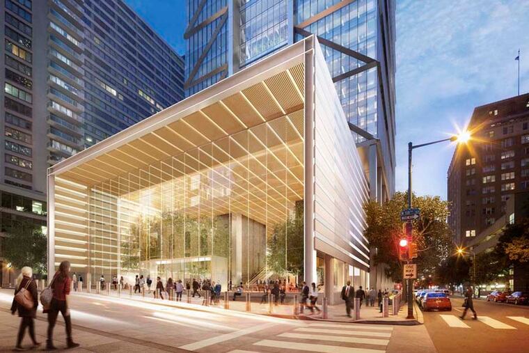 A view of one of the main entrances to the new Comcast tower at 18th and Arch Streets. The other main entrance will be on 19th Street.