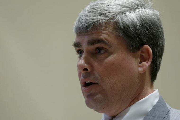 Steve Snyder makes a pitch for Penn National Gaming Inc., to the Pennsylvania Gaming Control Board for Philadelphia's second casino license during a public hearing at the Pennsylvania Convention Center Tuesday, Feb. 12, 2013, in Philadelphia. The 2004 state gambling law calls for two casinos in Philadelphia, one of which, Sugarhouse Casino, is up and running. The gambling board revoked the second license for a long-stalled Foxwoods project in 2010. (AP Photo/Matt Rourke)