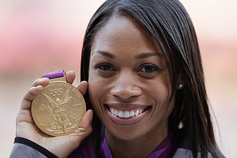 Allyson Felix, who won three gold medals at the London Olympics, is at the start of the line of people to watch at the Penn Relays this week. (Matt Slocum/AP)