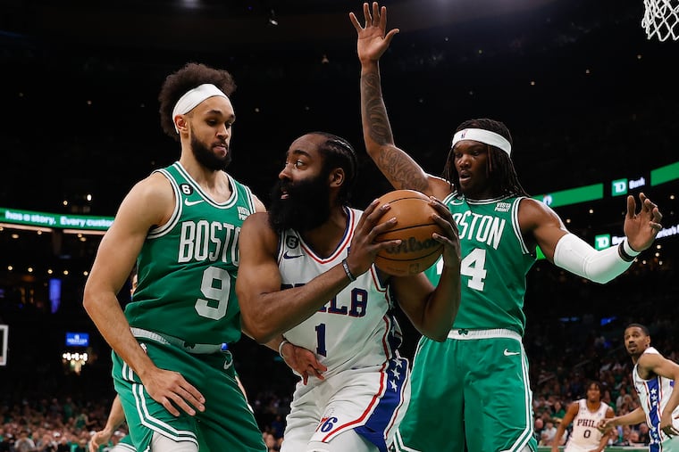 Sixers guard James Harden is guarded by Boston's Derrick White (left) and Robert Williams during Game 7 of the Eastern Conference semifinals on May 14. It's not the first time many on the Sixers' roster have dealt with a dispute like Harden's.